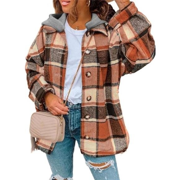 Womens Long Sleeve Button Down Plaid Shirts Flannel Hooded Shacket Jacket Hoodie - Picture 6 of 6